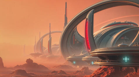 Elonopolis Loading Docks. First Human City on Mars, year 2125. Custom imagery for an Elon Musk's fan.