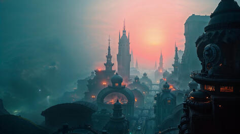 Dystopian Sunset. Video Game World Simulation .
